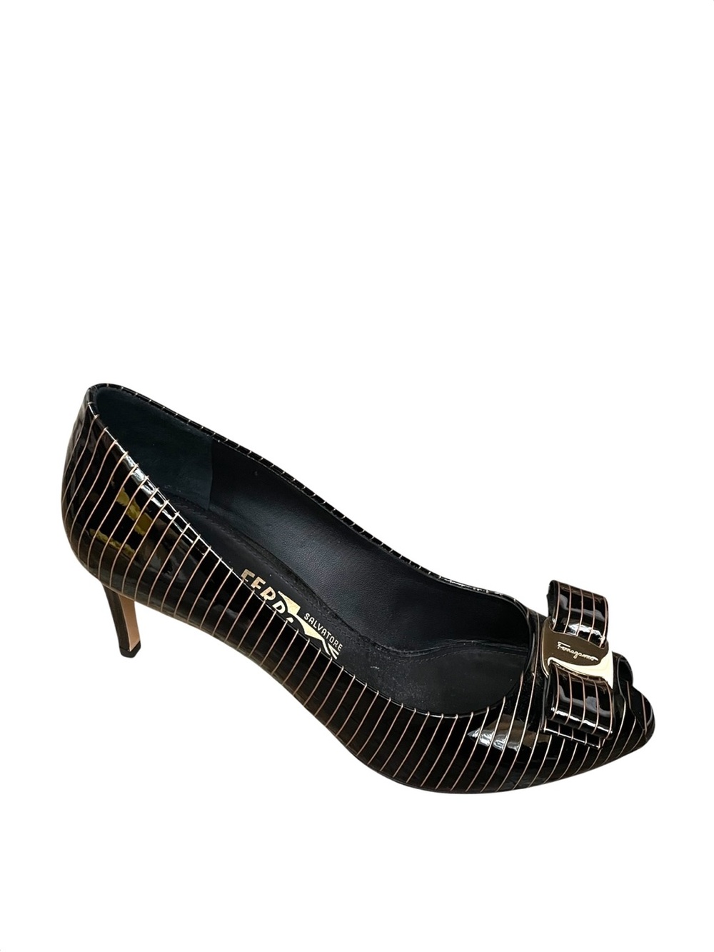 Salvatore Ferragamo Black Patent Vara Striped Bow Pumps 7.5